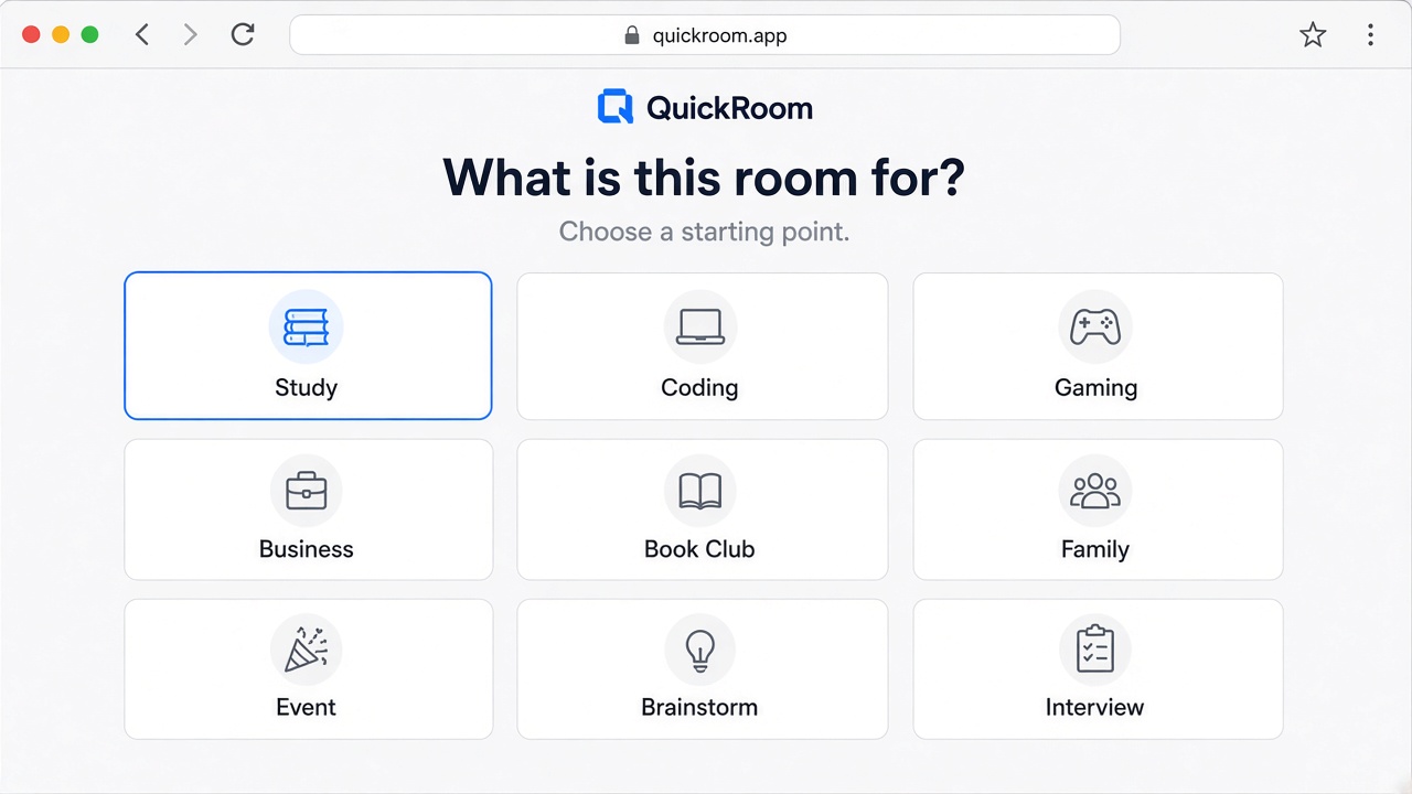 QuickRoom create flow: choosing a room template such as Study, Coding, or Event.